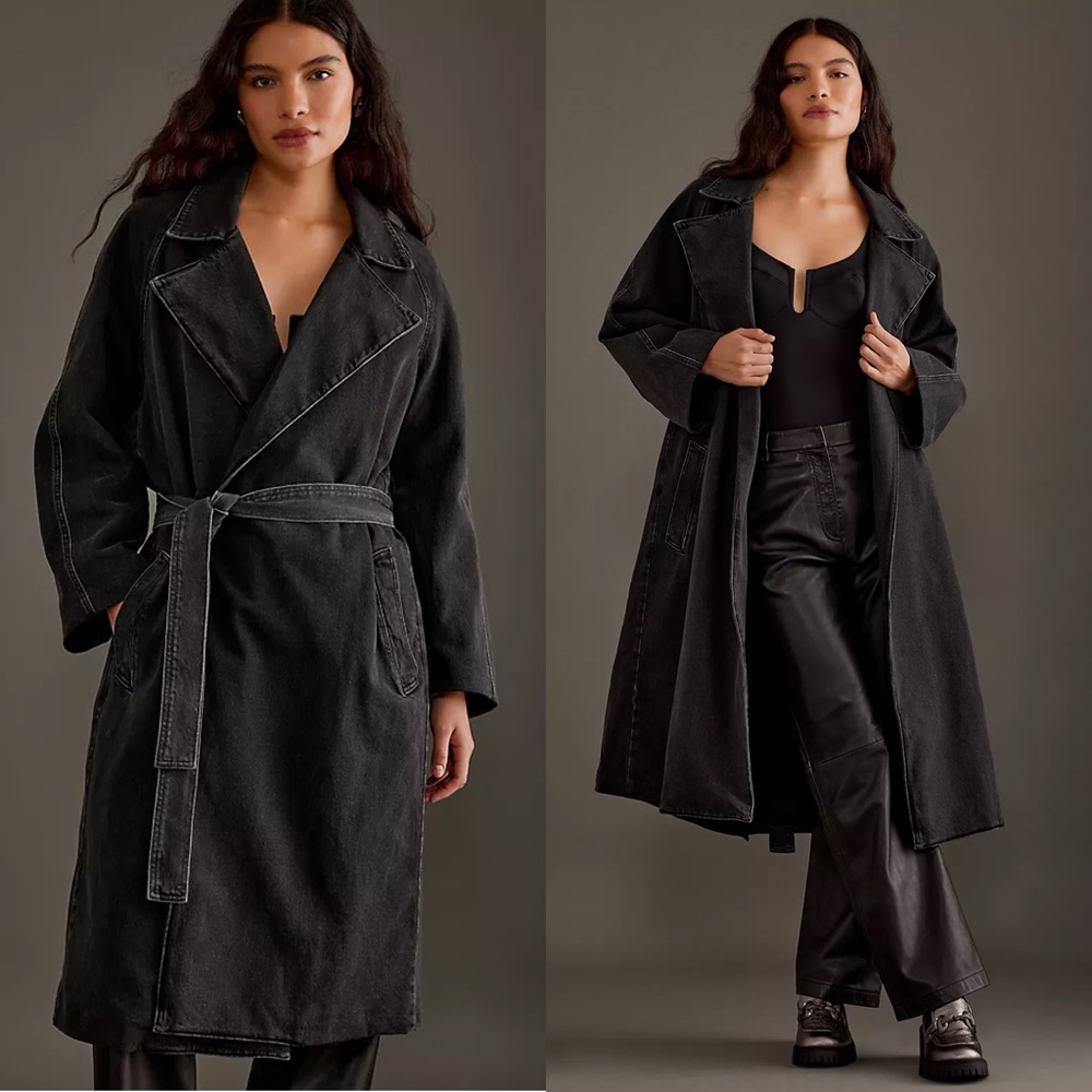 Good American Uniform‎ Tie-Up Pockets Black Wash Denim Trench Coat 2XL/3XL